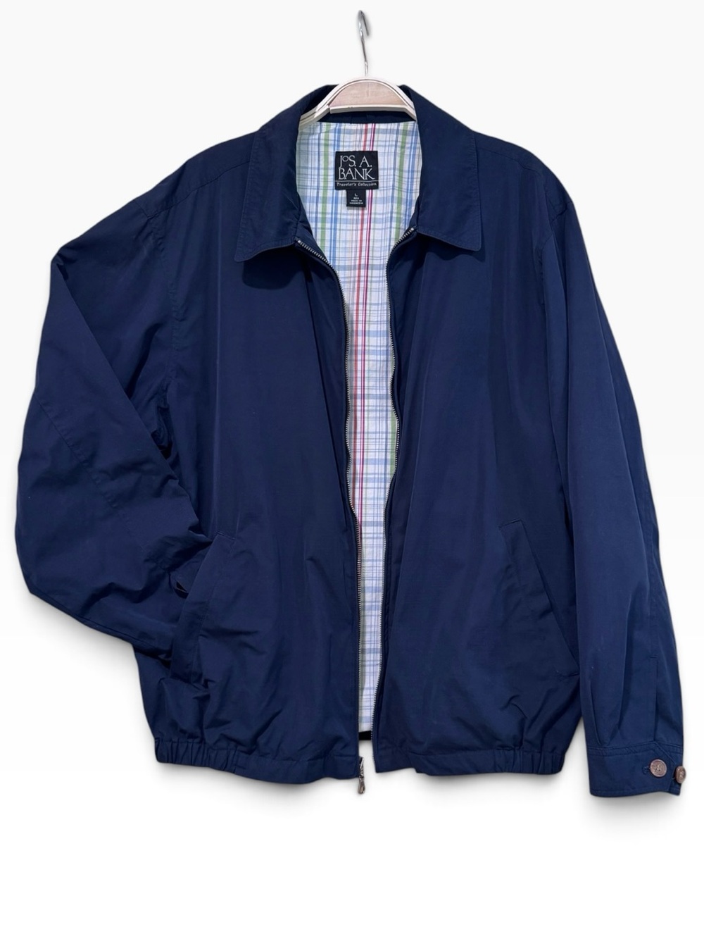 Jos A Bank Travelers Collection
Mens Large Navy Lined Windbreaker Golf Jacket